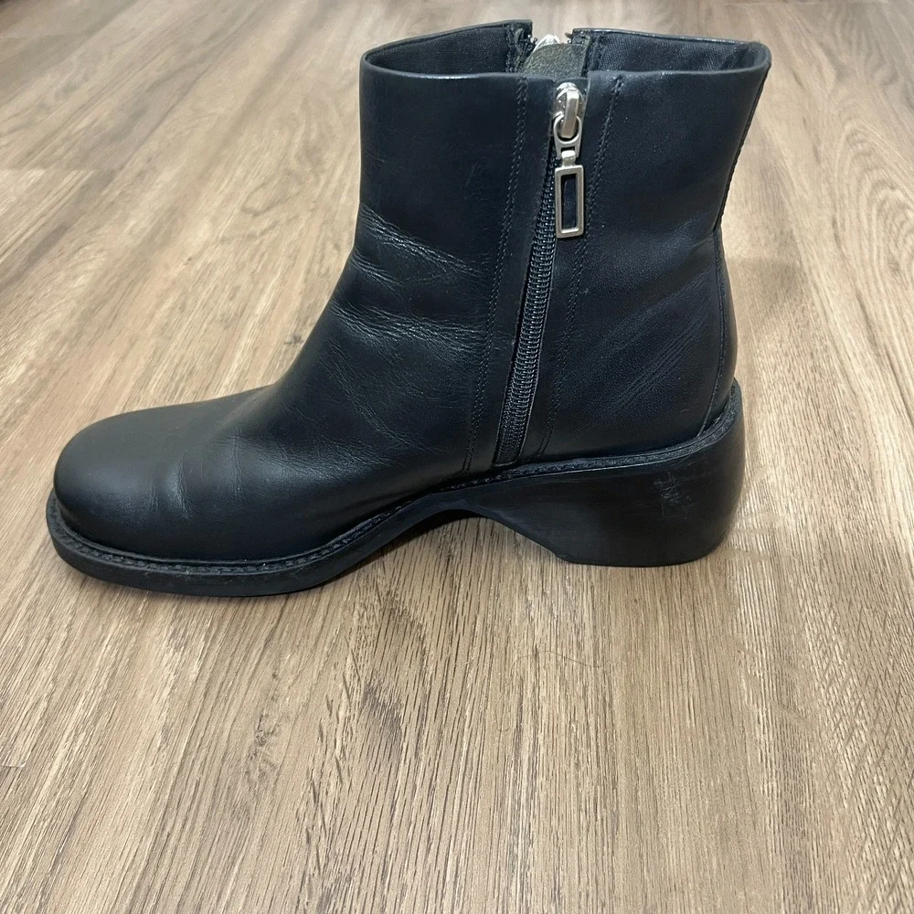 Black Leather Ankle Boots Side Zip Block Heel Moto Biker‎ Boots Women's 9.5